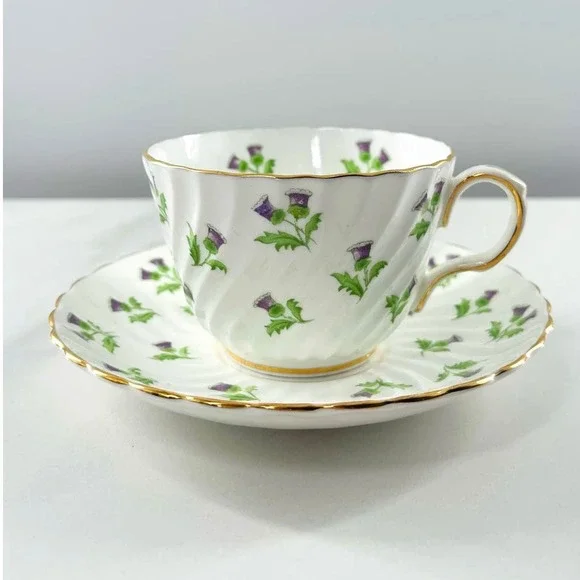 AYNSLEY BONE CHINA TEACUP & SAUCER SET / PURPLE THISTLE / MADE IN ENGLAND - Picture 9 of 10